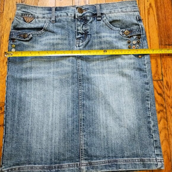 Jou Jou Skirt Women 30W (9/10) Stud Button Embellished Midi Denim Jean Whisker - Picture 12 of 15